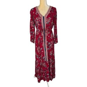 Haley London Burgundy Floral Tiered Ruffle Drawstring Waist Maxi Peasant Dress M